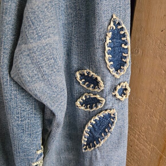 Y2K Denim Jean Jacket Crochet Trim Applique Size 11 Boho Fairy Grunge Stretch - Picture 8 of 13